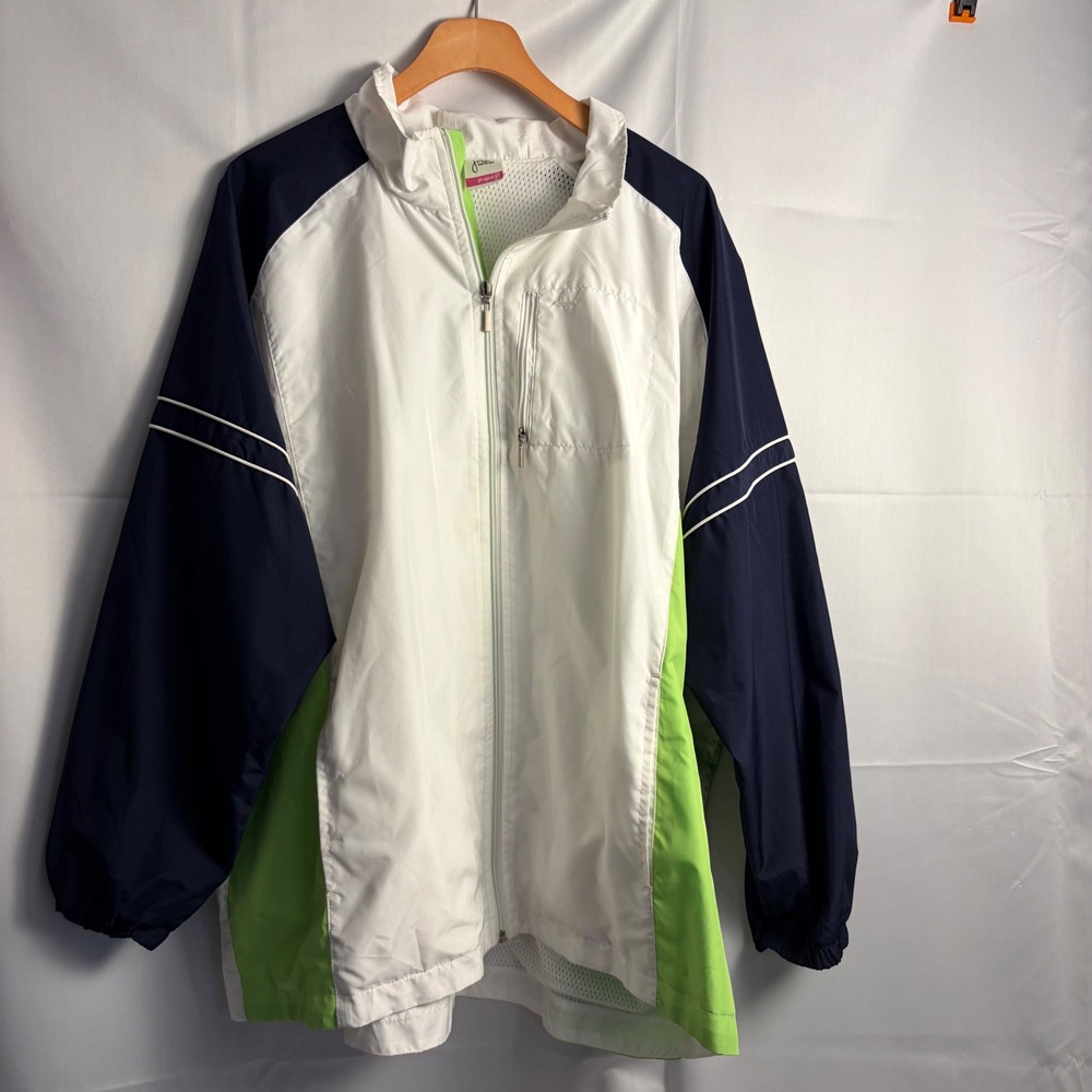 JMS Just My Size Womens Colorblock Windbreaker Jacket White Navy Lime Green